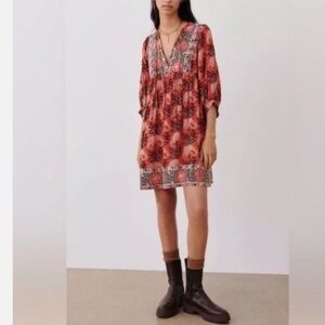 Ba&Sh Gaia Orange Pink Boho Floral Peasant Mini Tunic Dress XS